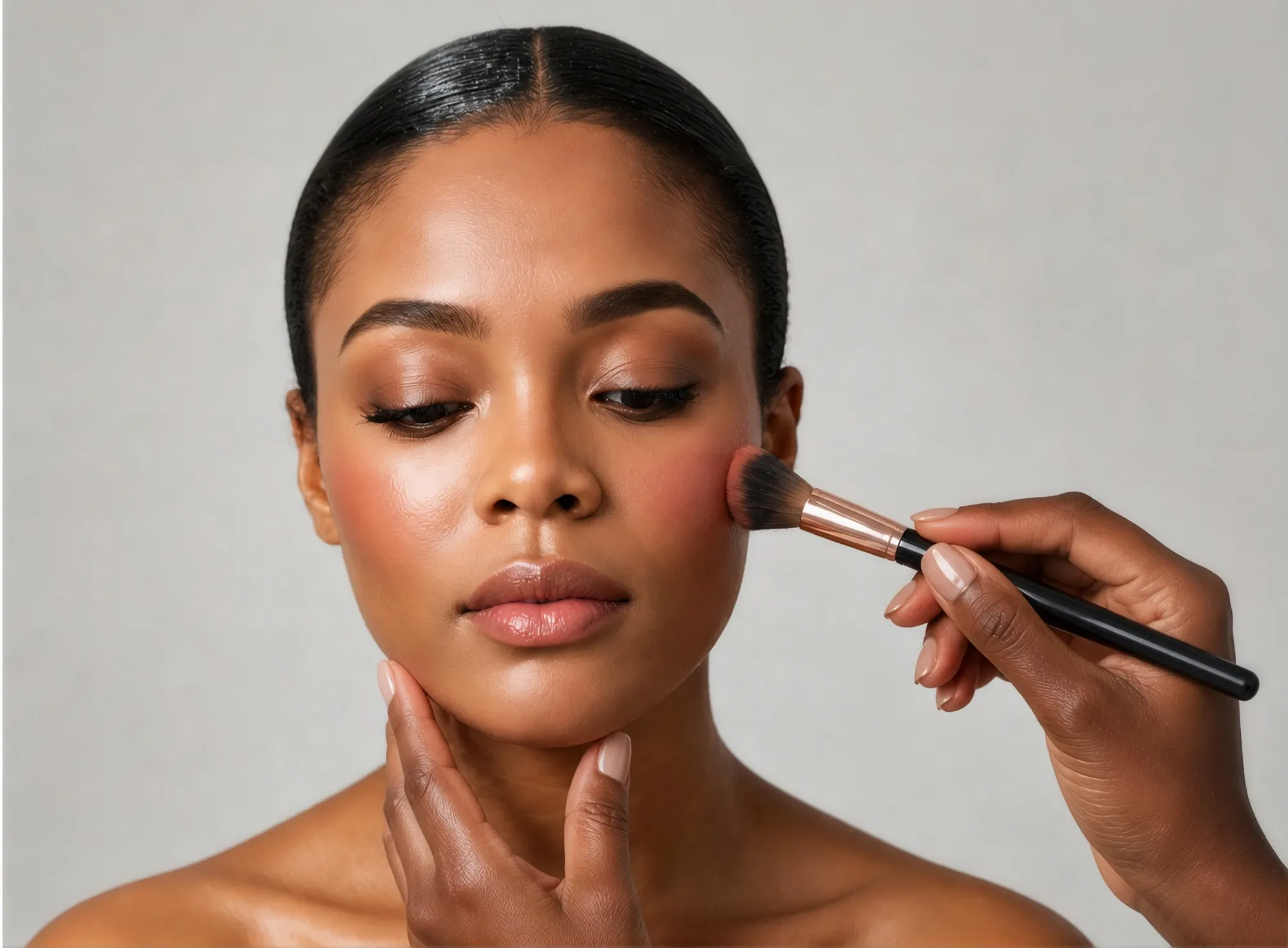 Placeholder studio portrait: a makeup brush applying blush to a model's cheek. To be replaced with RIOS's own work. See PRD 12.